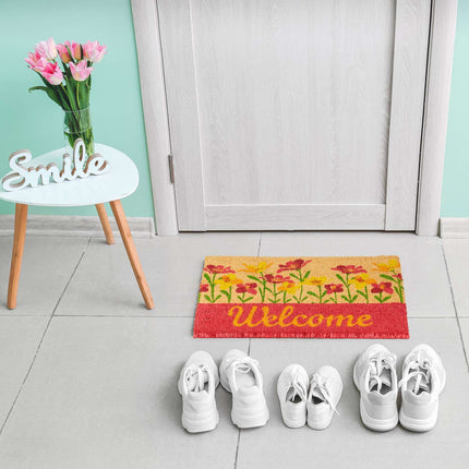 Door mat coconut fiber "Welcome" flowers