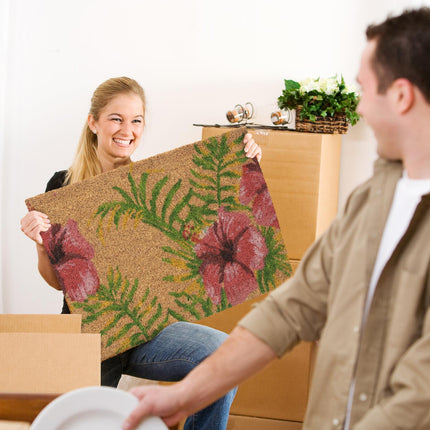 Door mat coconut fiber with tropical motif