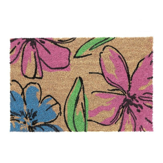 Door mat in coconut with floral motifs