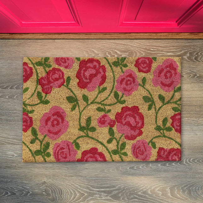 Door mat made of coconut fiber with beautiful roses