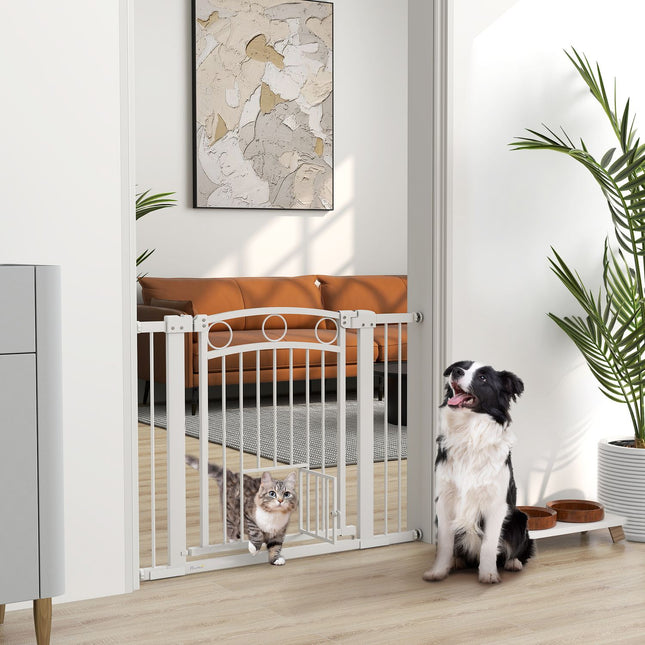 Lockable steel stair gate with cat door, 76-104 cm, White