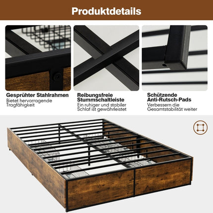 Double Bed Frame Heavy Duty Metal Bed with 4 Drawers Wooden Base End Rustic Brown