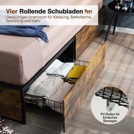Double Bed Frame Heavy Duty Metal Bed with 4 Drawers Wooden Base End Rustic Brown