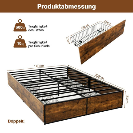 Double Bed Frame Heavy Duty Metal Bed with 4 Drawers Wooden Base End Rustic Brown