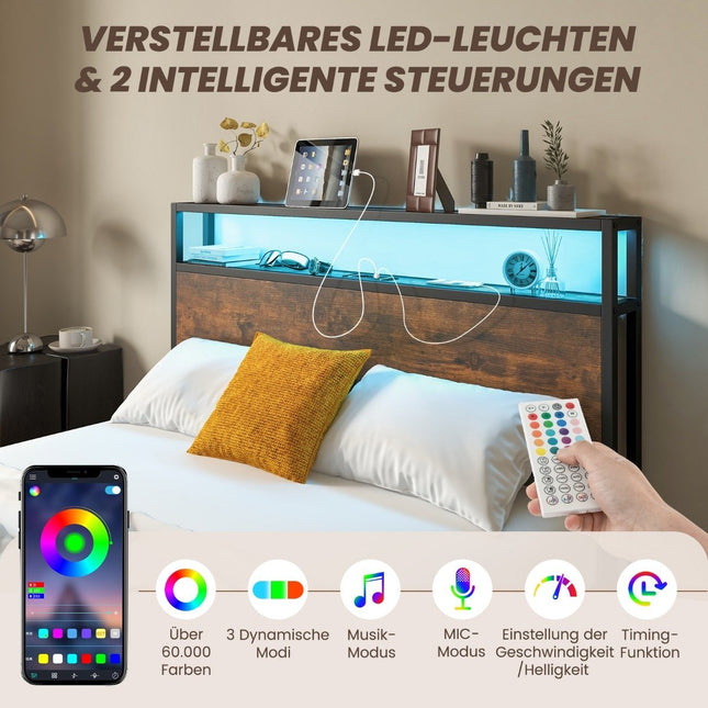 Double Bed Frame with LED Platform Bed & Drawers Noise-Free Bed Frame Rustic Brown
