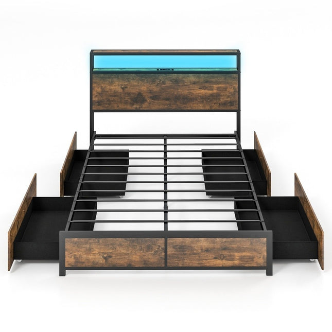 Double Bed Frame with LED Platform Bed & Drawers Noise-Free Bed Frame Rustic Brown