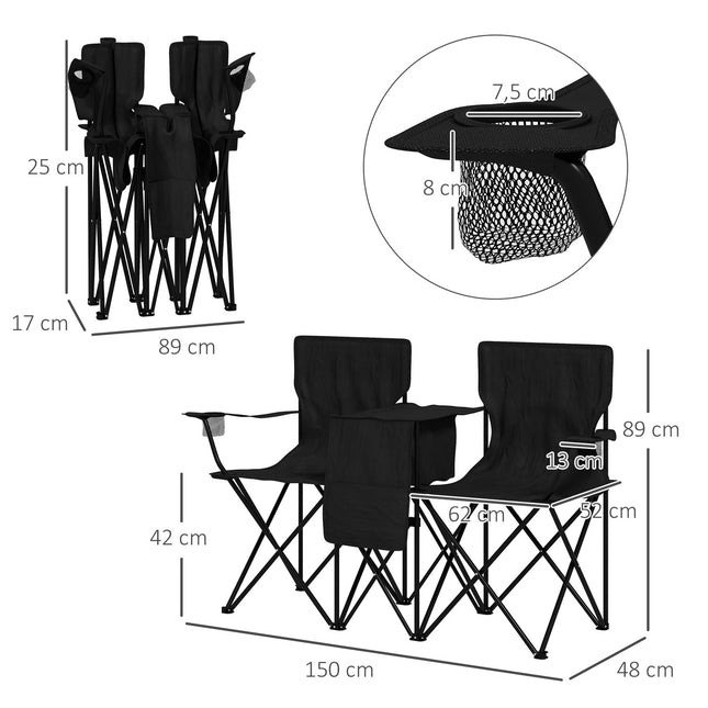 Double camping chair with table, cup holder, black