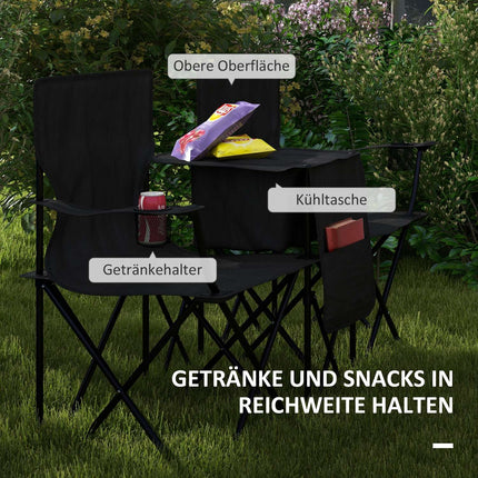 Double camping chair with table, cup holder, black