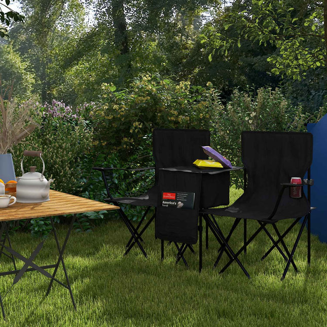 Double camping chair with table, cup holder, black