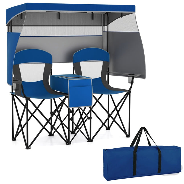 Double Camping Chair with Adjustable Canopy, Cooler & Cup Holders