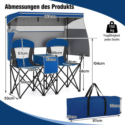 Double Camping Chair with Adjustable Canopy, Cooler & Cup Holders