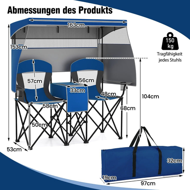 Double Camping Chair with Adjustable Canopy, Cooler & Cup Holders