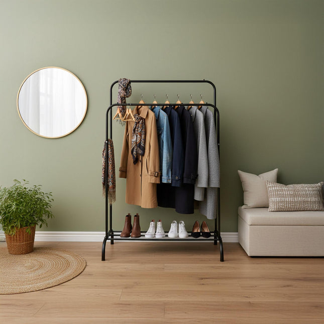 Double Clothes Rail with Shelf – Metal, Freestanding