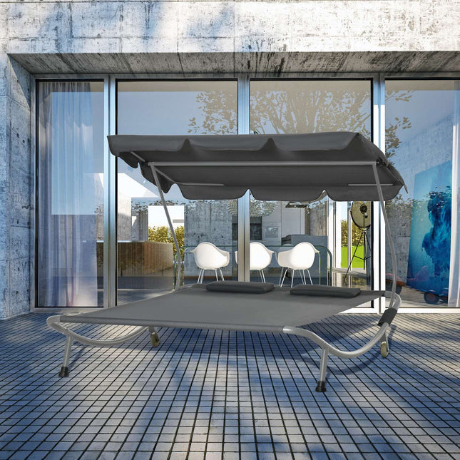 Double sun lounger in gray steel with rollable roof, 200x170x134cm