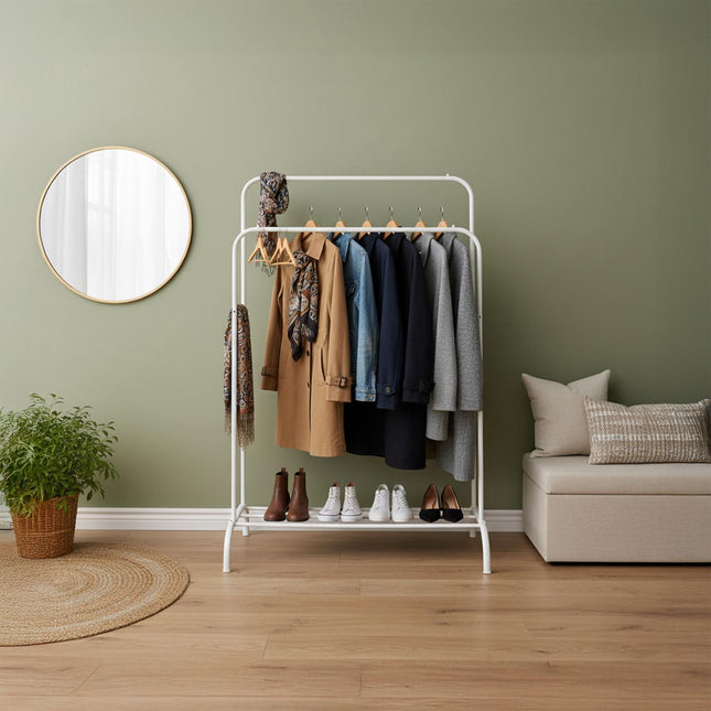 Double Metal Clothes Rack with Shelf and Side Bars