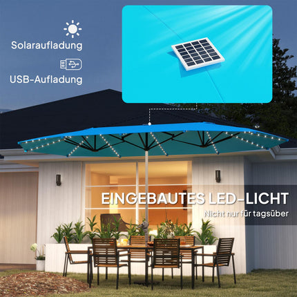 Dubbele parasol met LED-verlichting op zonne-energie 451 x 267 cm aluminium UV 50+ parasol met handslinger balkonparaplu winddicht marktparaplu zonwering voor strand balkon tuin blauw |