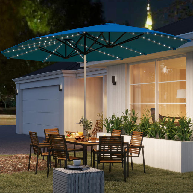 Double parasol with solar cell LEDs, UV 50+ aluminum - blue