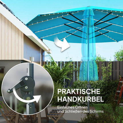 Dubbele parasol met LED-verlichting op zonne-energie 451 x 267 cm aluminium UV 50+ parasol met handslinger balkonparaplu winddicht marktparaplu zonwering voor strand balkon tuin blauw |