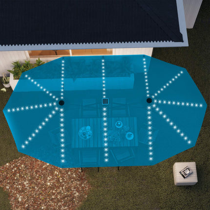 Dubbele parasol met LED-verlichting op zonne-energie 451 x 267 cm aluminium UV 50+ parasol met handslinger balkonparaplu winddicht marktparaplu zonwering voor strand balkon tuin blauw |