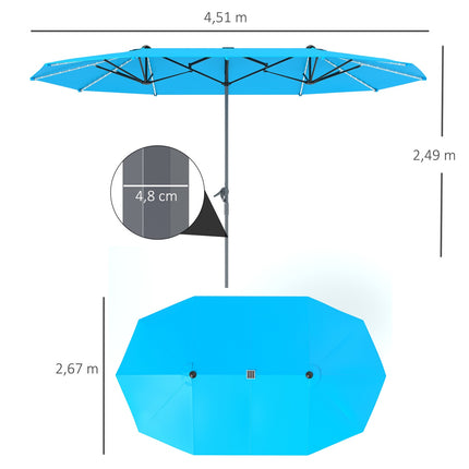 Dubbele parasol met LED-verlichting op zonne-energie 451 x 267 cm aluminium UV 50+ parasol met handslinger balkonparaplu winddicht marktparaplu zonwering voor strand balkon tuin blauw |