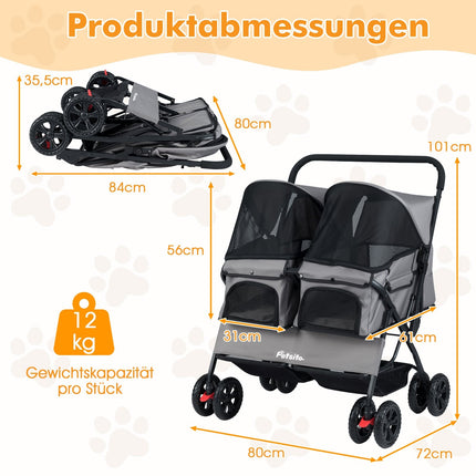 Double Pet Stroller with Adjustable Canopy, Grey