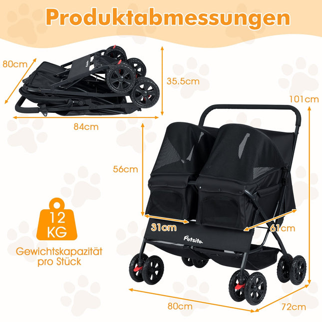 Double Pet Stroller with Adjustable Sunshade, Black