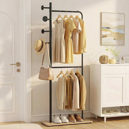Double Rod Clothes Rack with Wood Hooks and Shelf