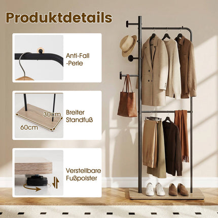Double Rod Clothes Rack with Wood Hooks and Shelf