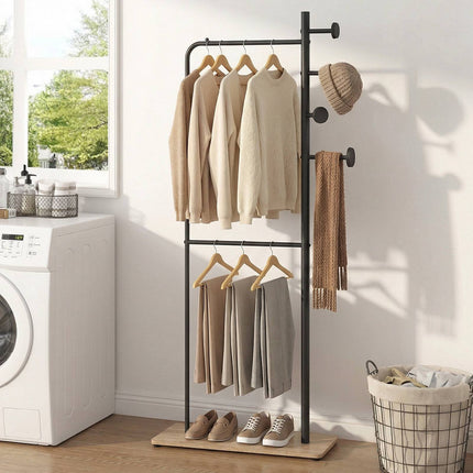 Double Rod Clothes Rack with Wood Hooks and Shelf