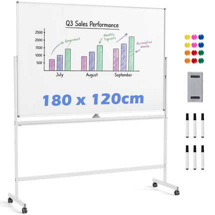 Double-Sided Magnetic Whiteboard 180 x 120 cm with Stand, White, 2 Heights