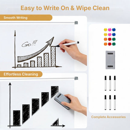 Double-Sided Magnetic Whiteboard 180 x 120 cm with Stand, White, 2 Heights