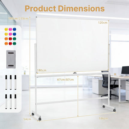Double-Sided Magnetic Whiteboard 180 x 120 cm with Stand, White, 2 Heights
