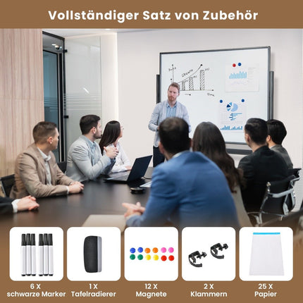 Double-Sided Mobile Whiteboard with Grid Pattern & Stand & Pen Tray 120 x 90 cm Black