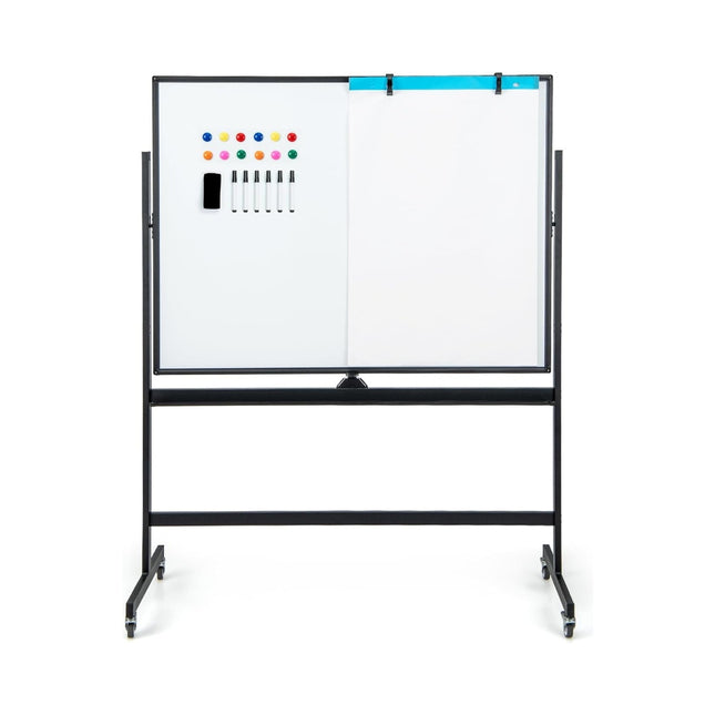 Double-Sided Mobile Whiteboard with Grid Pattern & Stand & Pen Tray 120 x 90 cm Black