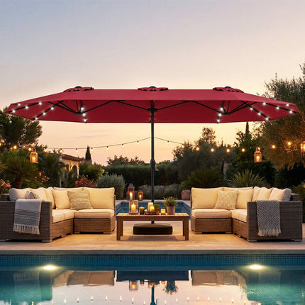 Double-Sided Parasol 4 x 2 m with 36 Solar LED Lights, Crank Handle, Burgundy