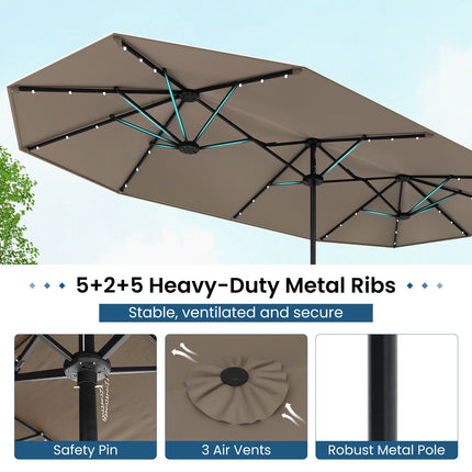 Double-Sided Parasol 4 x 2 m with 36 Solar LED Lights, Crank, Light Brown