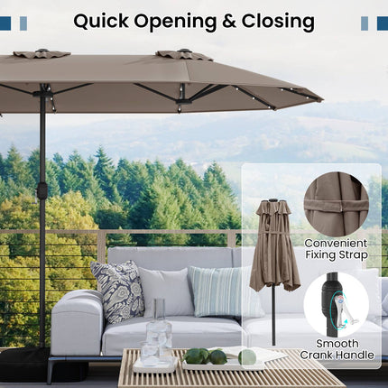 Double-Sided Parasol 4 x 2 m with 36 Solar LED Lights, Crank, Light Brown