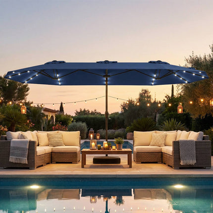Double-Sided Parasol 4 x 2 m with 36 Solar LED Lights, Crank, Navy Blue