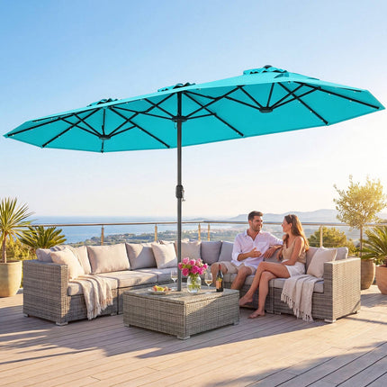 Double-Sided Parasol 4 x 2 m with 36 Solar LED Lights, Crank, Turquoise