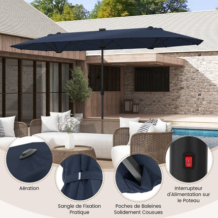 Double-Sided Patio Umbrella 400x200cm, Solar LEDs, Base