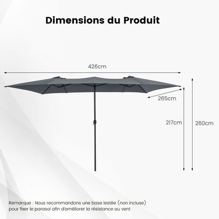 Double-Sided Patio Umbrella 426 x 265 cm, UV, Crank