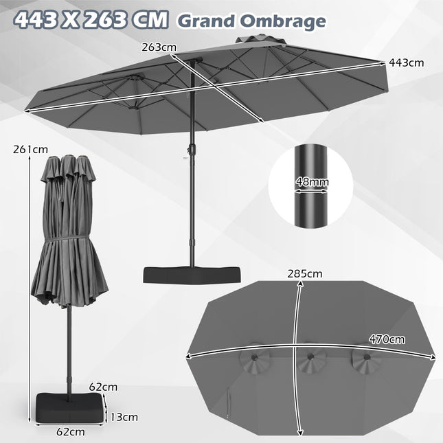 Double-Sided Patio Umbrella 470x285 cm, Stand, UPF 50+