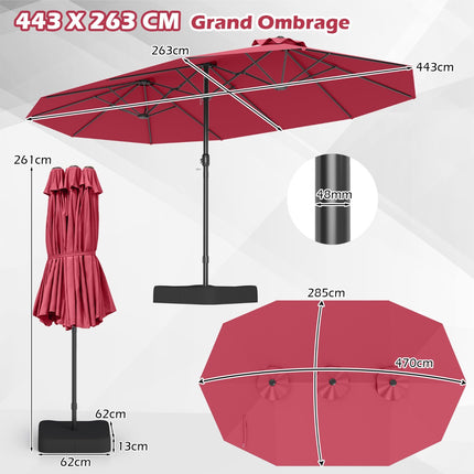 Double-Sided Patio Umbrella 470x285cm, UPF 50+, Stand