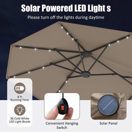 Double-Sided Patio Umbrella 4m With Base, Solar LED, Coffee