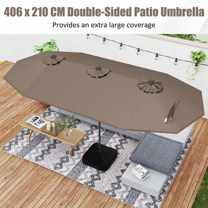 Double-Sided Patio Umbrella 4m With Base, Solar LED, Coffee