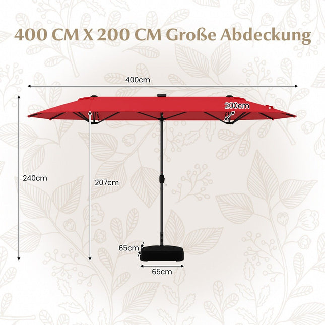 Double-Sided Patio Umbrella with Stand & LED Lights, 400x200 cm