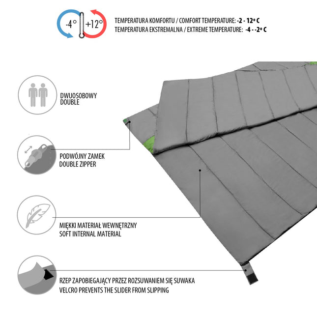 Double Sleeping Bag, Gray-Green, Lightweight, 2-Person