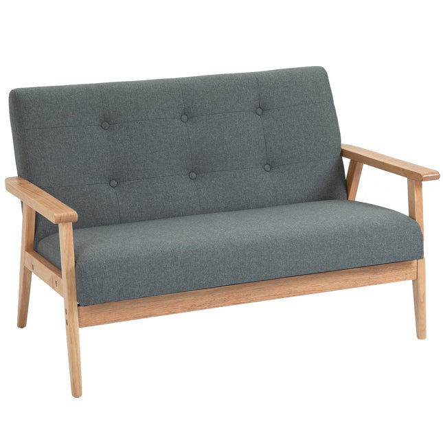 Compact Gray Linen Loveseat - 2 Seater, Rubberwood Frame