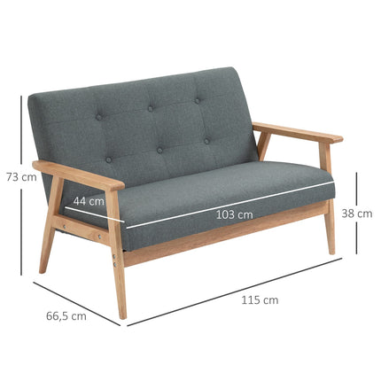 Compact Gray Linen Loveseat - 2 Seater, Rubberwood Frame