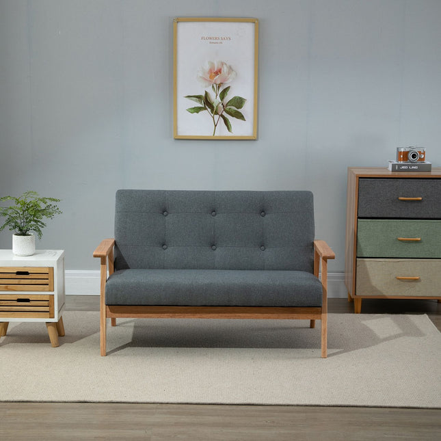 Compact Gray Linen Loveseat - 2 Seater, Rubberwood Frame